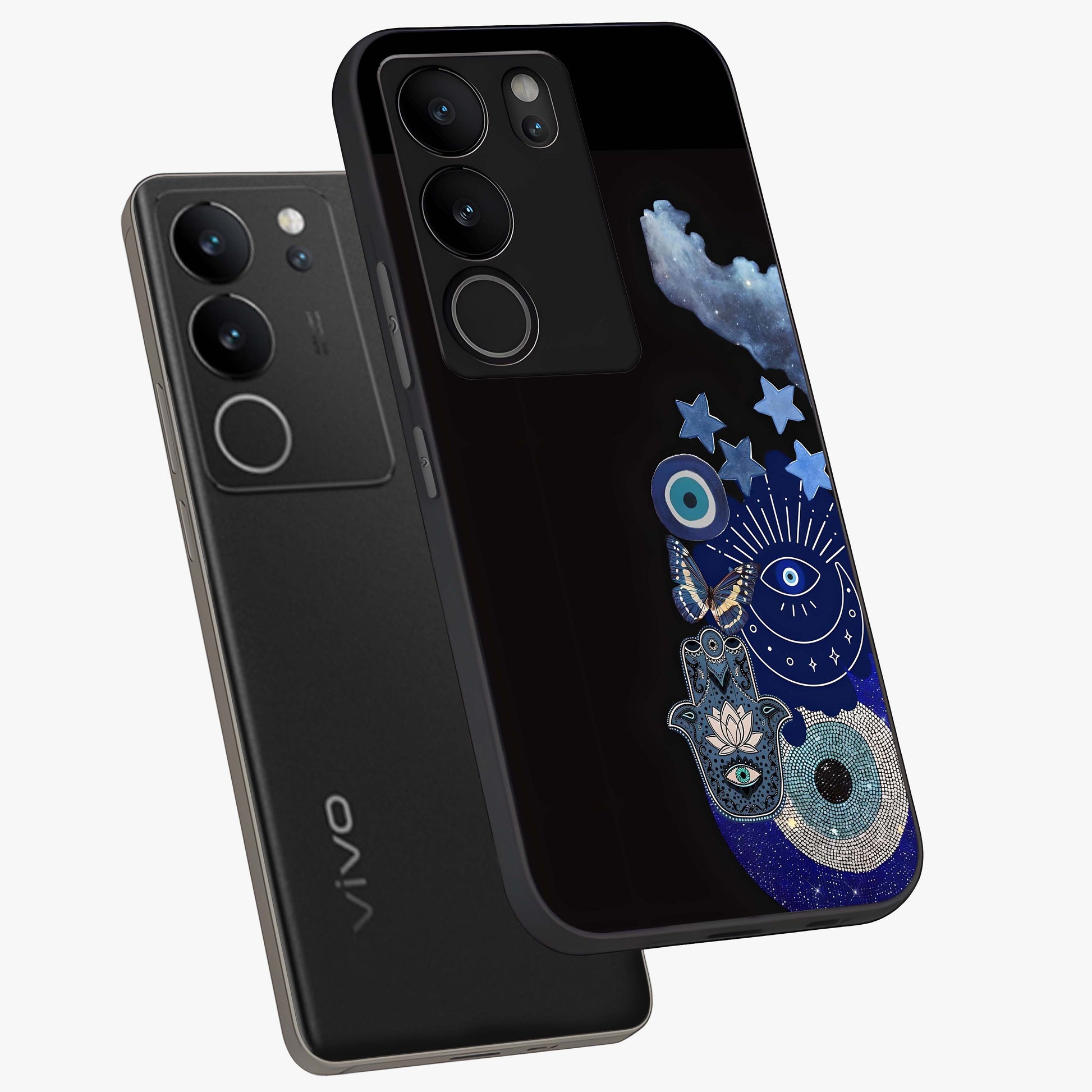 Galactic Charm Cluster Glass Case displayed in angled mockup highlighting luminous galaxy inspired design with dreamy aesthetic.