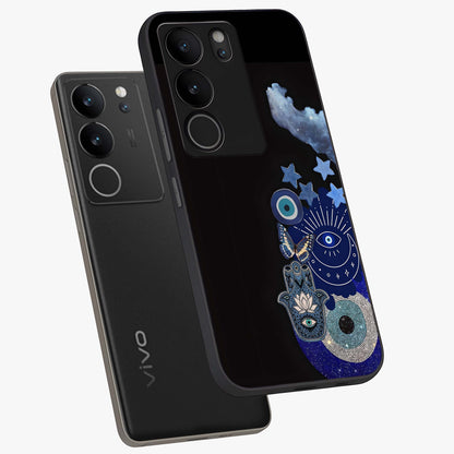 Galactic Charm Cluster Glass Case displayed in angled mockup highlighting luminous galaxy inspired design with dreamy aesthetic.
