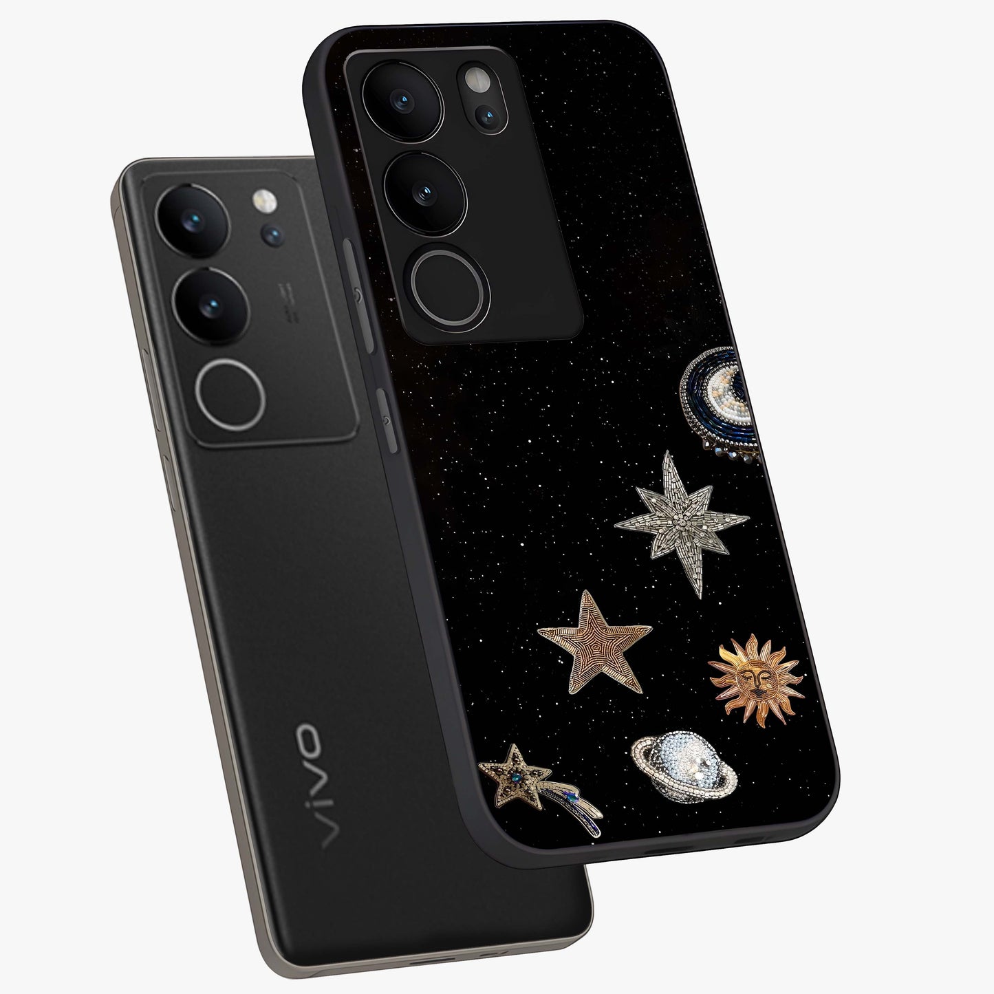 Galactic Charm Glow Glass Case displayed in angled mockup highlighting luminous galaxy inspired design with dreamy aesthetic.