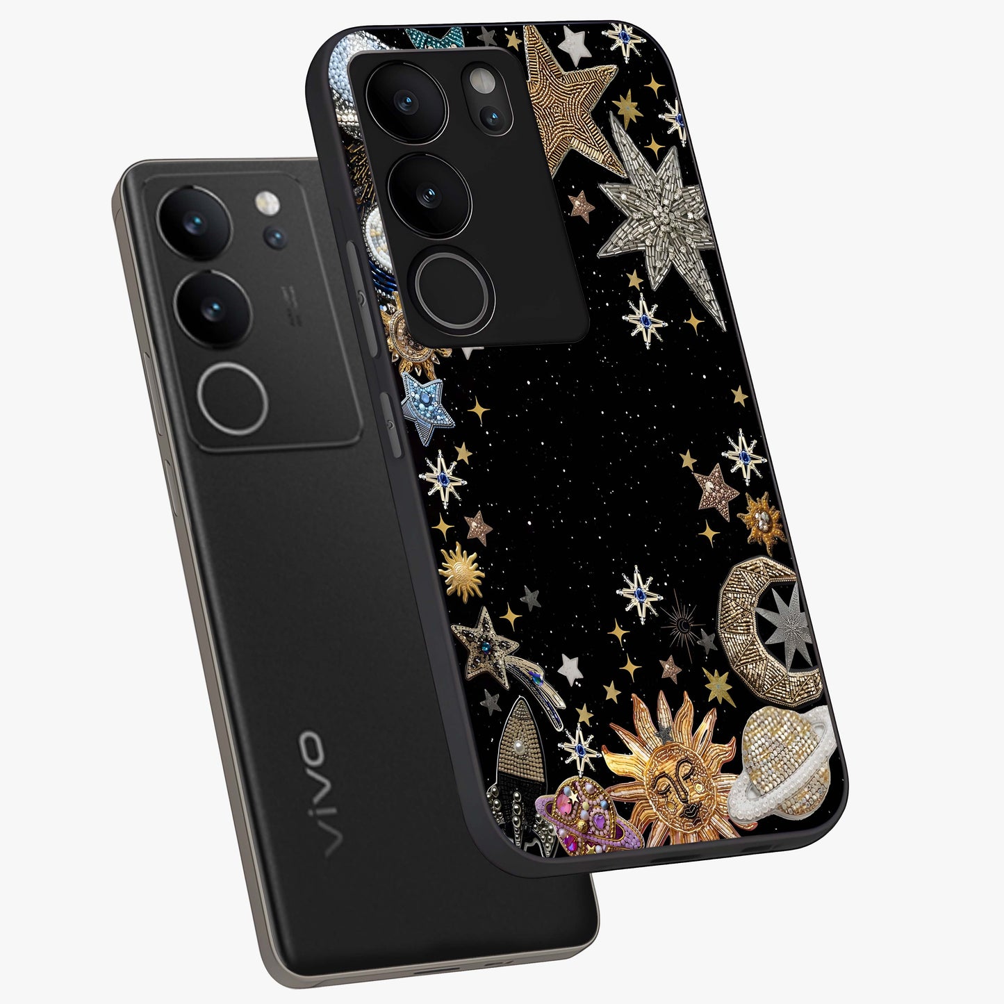 Galactic Jewel Stars Glass Case displayed in angled mockup highlighting shining celestial star design with cosmic aesthetic style.