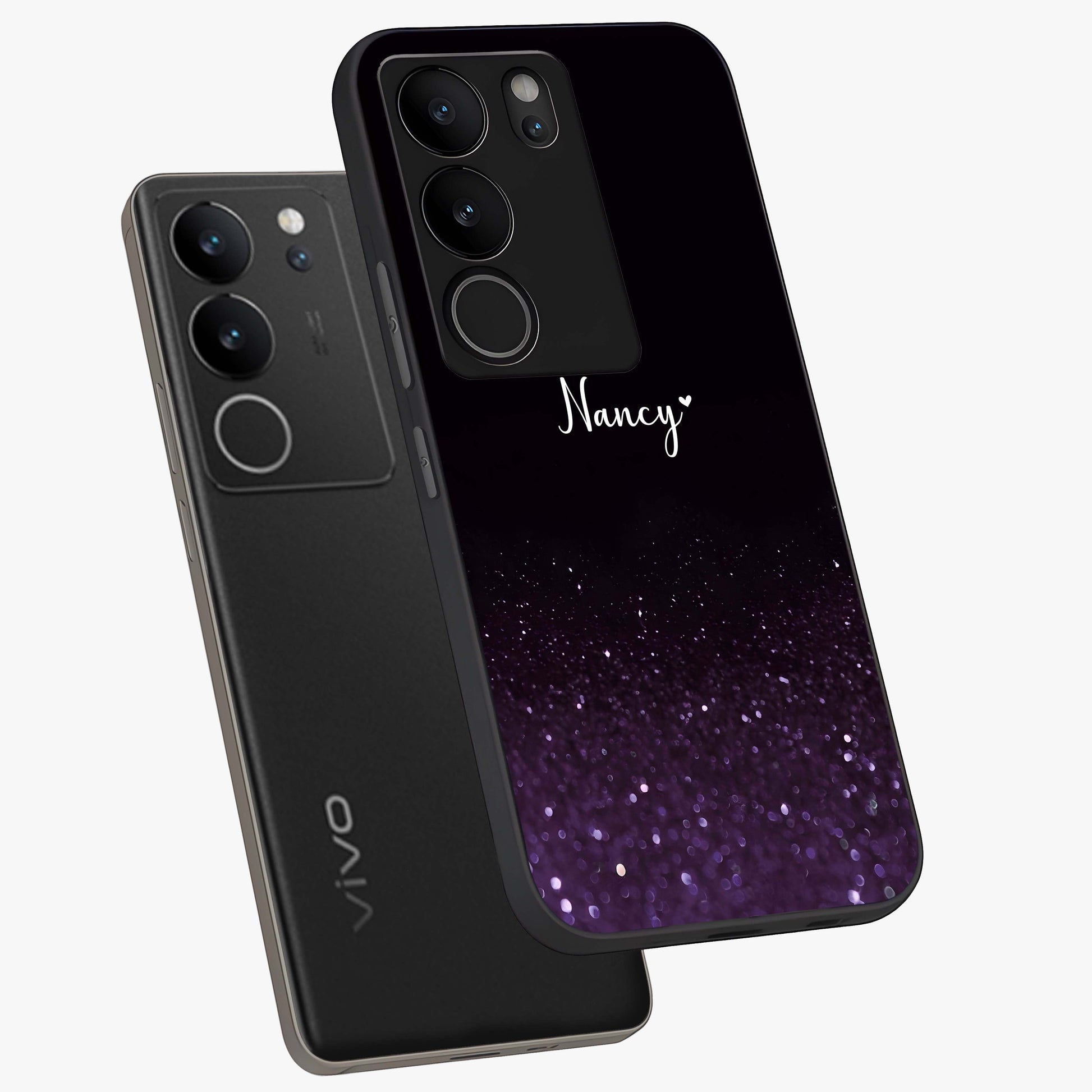 Glittery Purple Bokeh Custom Name Glass Case displayed in angled mockup highlighting glitter bokeh pattern with custom name feature.