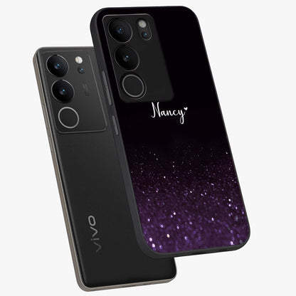 Glittery Purple Bokeh Custom Name Glass Case displayed in angled mockup highlighting glitter bokeh pattern with custom name feature.