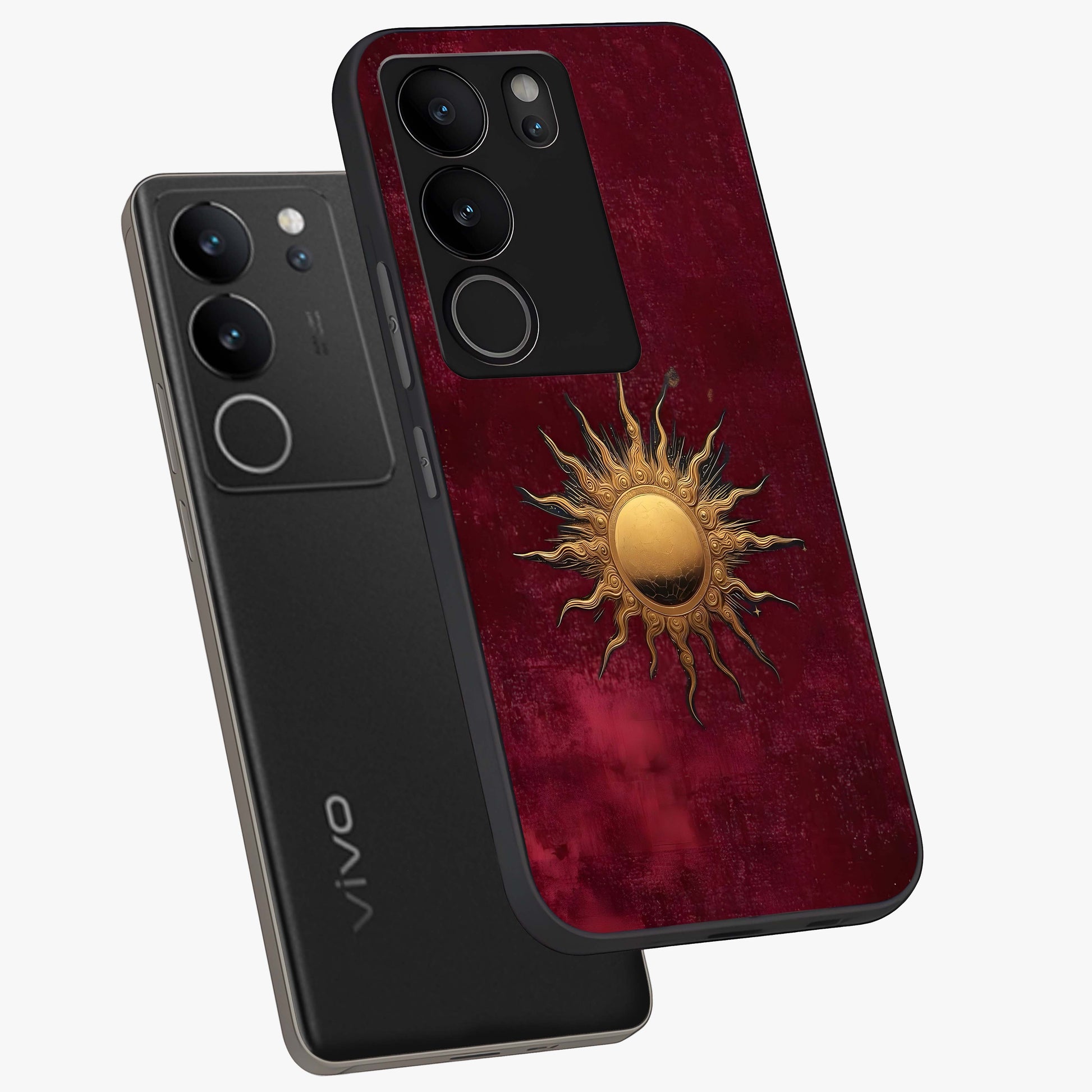 Golden Sun Minimalism Glass Case displayed in angled mockup highlighting clean sun symbol design with modern minimal aesthetic.