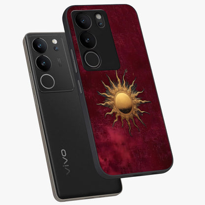 Golden Sun Minimalism Glass Case displayed in angled mockup highlighting clean sun symbol design with modern minimal aesthetic.