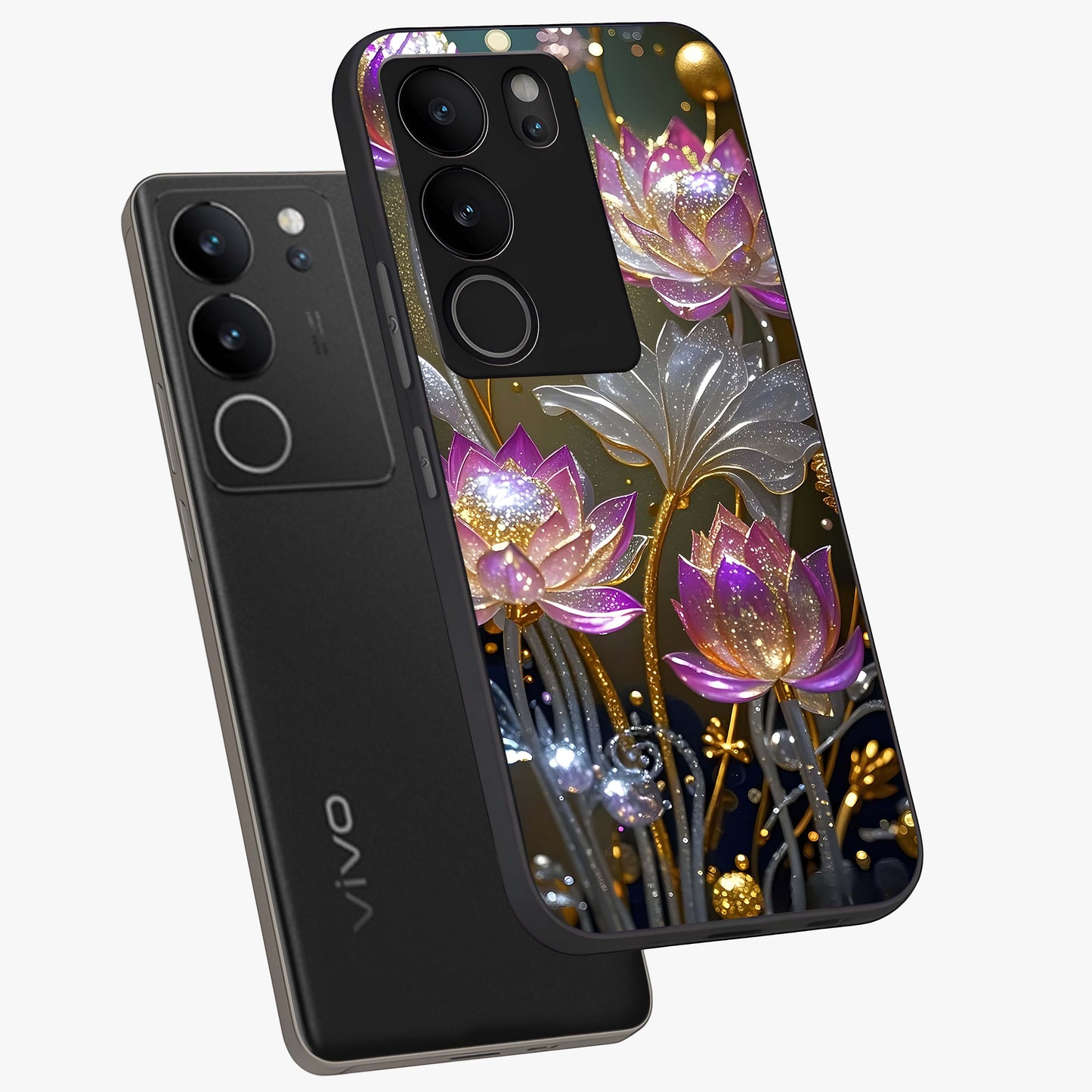 Golden Floral Majesty Glass Case displayed in angled mockup highlighting elegant flower design with royal golden aesthetic.