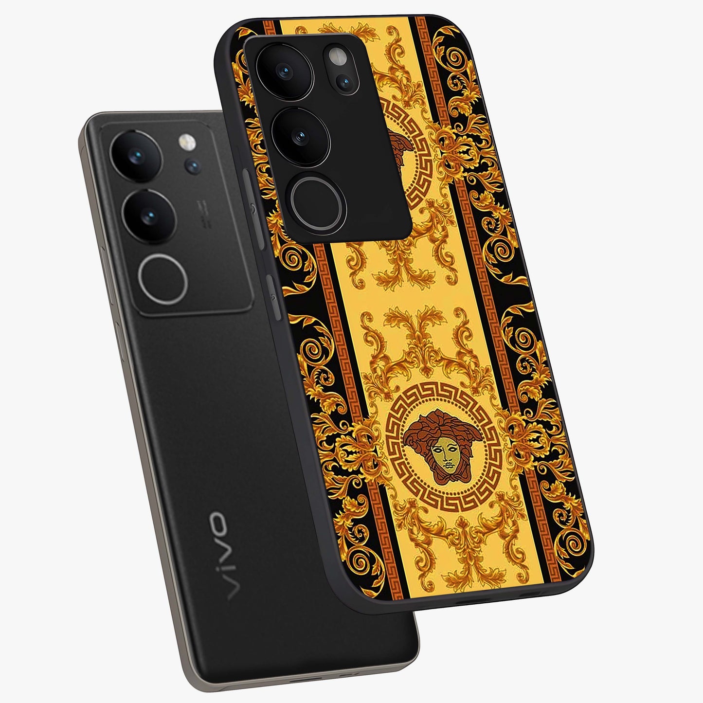 Golden Lotus Glow Glass Case displayed in angled mockup highlighting radiant lotus illustration with spiritual aesthetic.