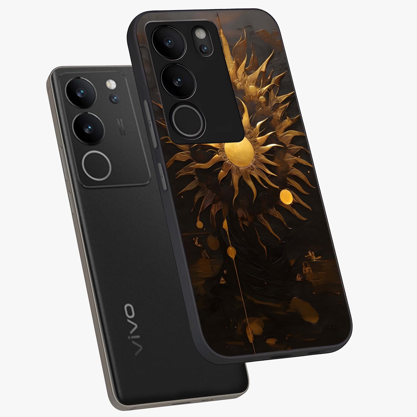 Golden Sun Majesty Glass Case displayed in angled mockup highlighting eerie shadow illustration with gothic aesthetic.