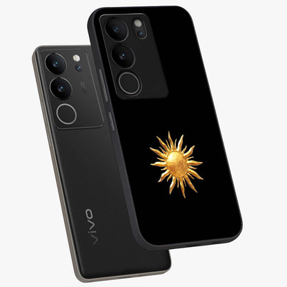 Golden Sun Minimalism Glass Case displayed in angled mockup highlighting eerie shadow illustration with gothic aesthetic.