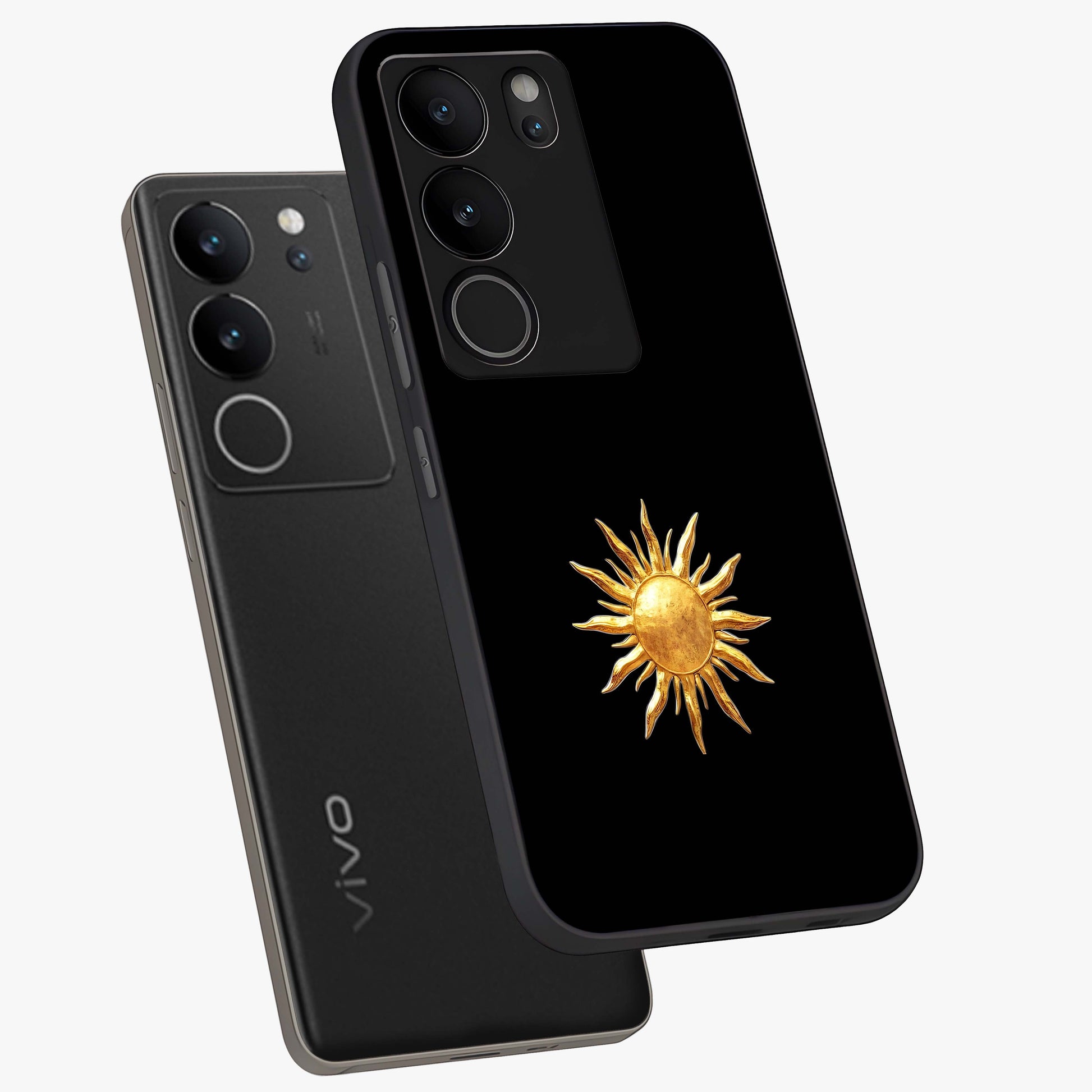 Golden Sun Minimalism Glass Case displayed in angled mockup highlighting eerie shadow illustration with gothic aesthetic.