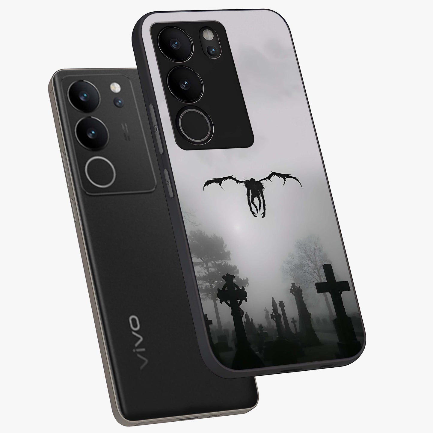 Graveyard Shadow Descent Glass Case displayed in angled mockup highlighting eerie shadow illustration with gothic aesthetic.