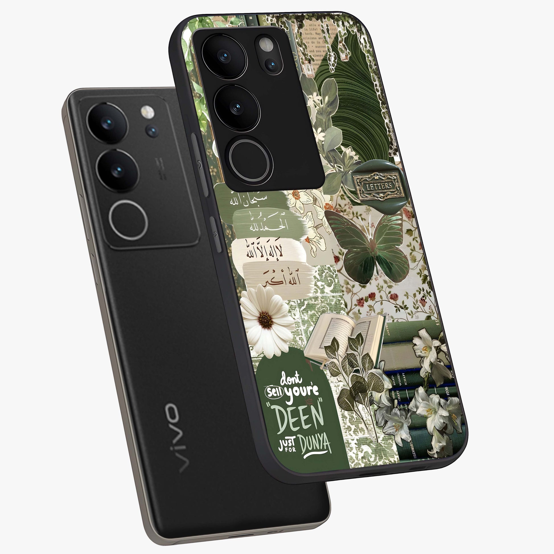 Green Islamic Books Quotes Glass Case displayed in angled mockup highlighting spiritual quote design with elegant green aesthetic.