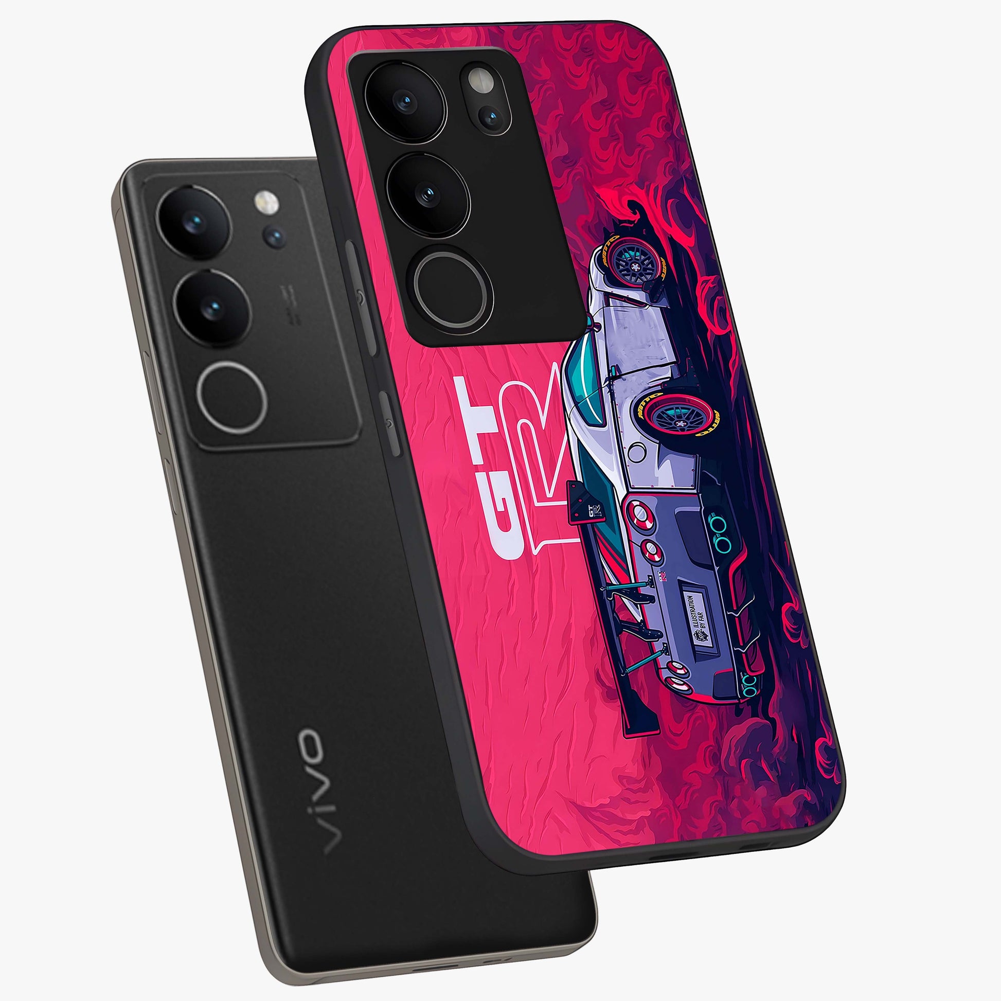 GT-R Car Pattern Glass Case displayed in angled mockup highlighting racing car graphic design with bold automotive aesthetic.