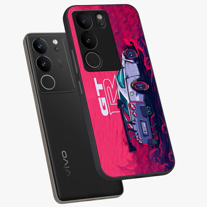 GT-R Car Pattern Glass Case displayed in angled mockup highlighting racing car graphic design with bold automotive aesthetic.