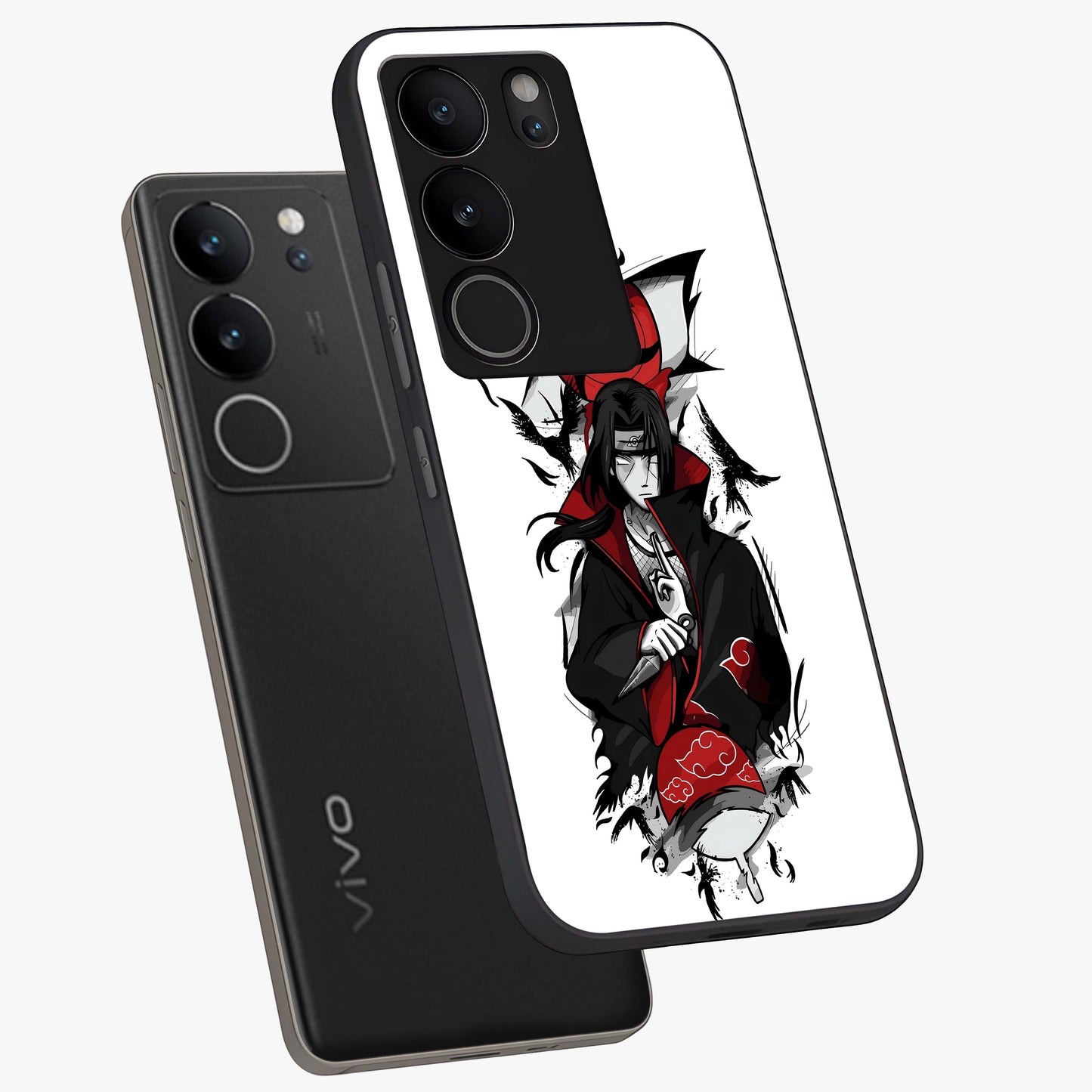 Itachi Limited Edition Naruto Anime Glass Case displayed in angled mockup highlighting dramatic anime illustration with bold action aesthetic.