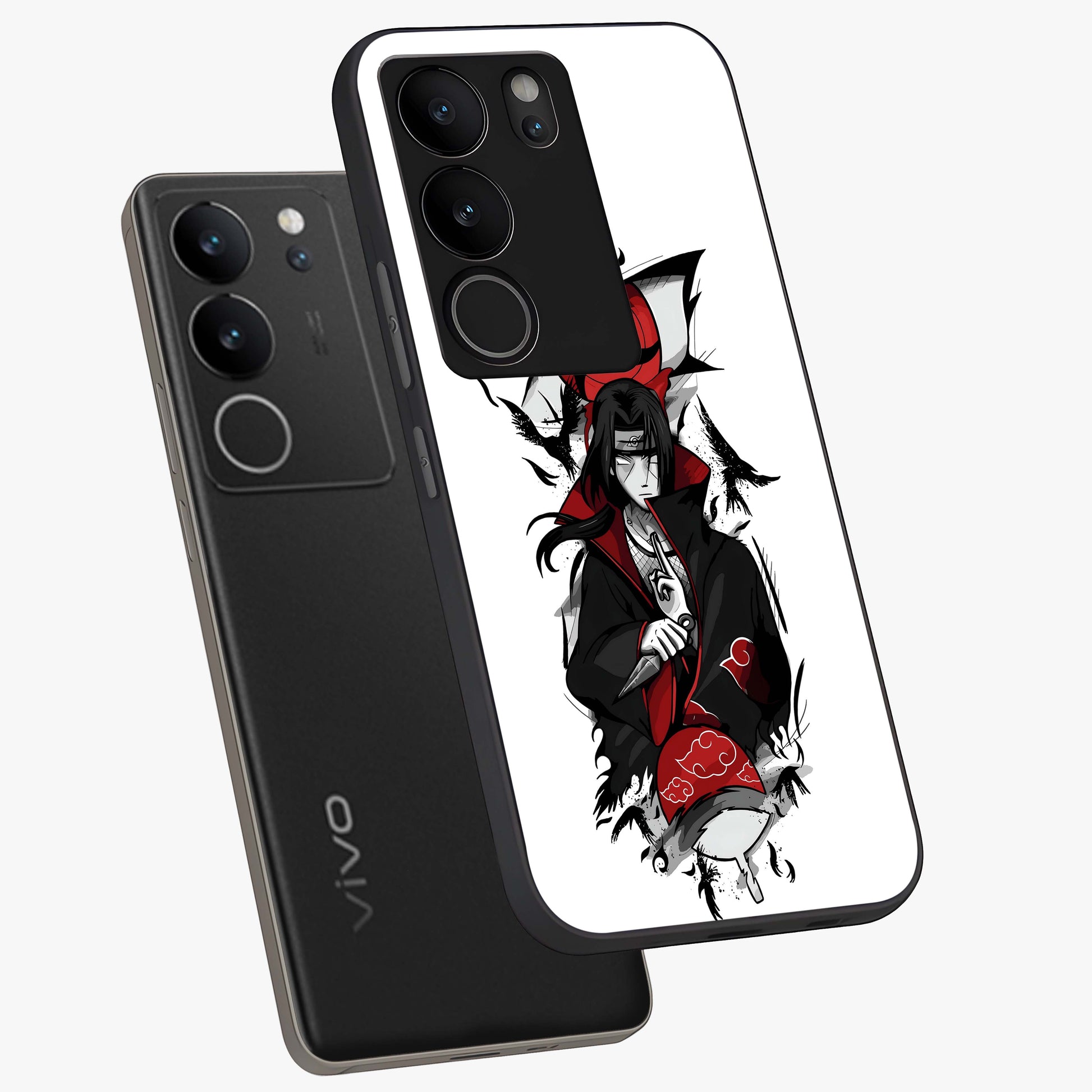 Itachi Limited Edition Naruto Anime Glass Case displayed in angled mockup highlighting dramatic anime illustration with bold action aesthetic.