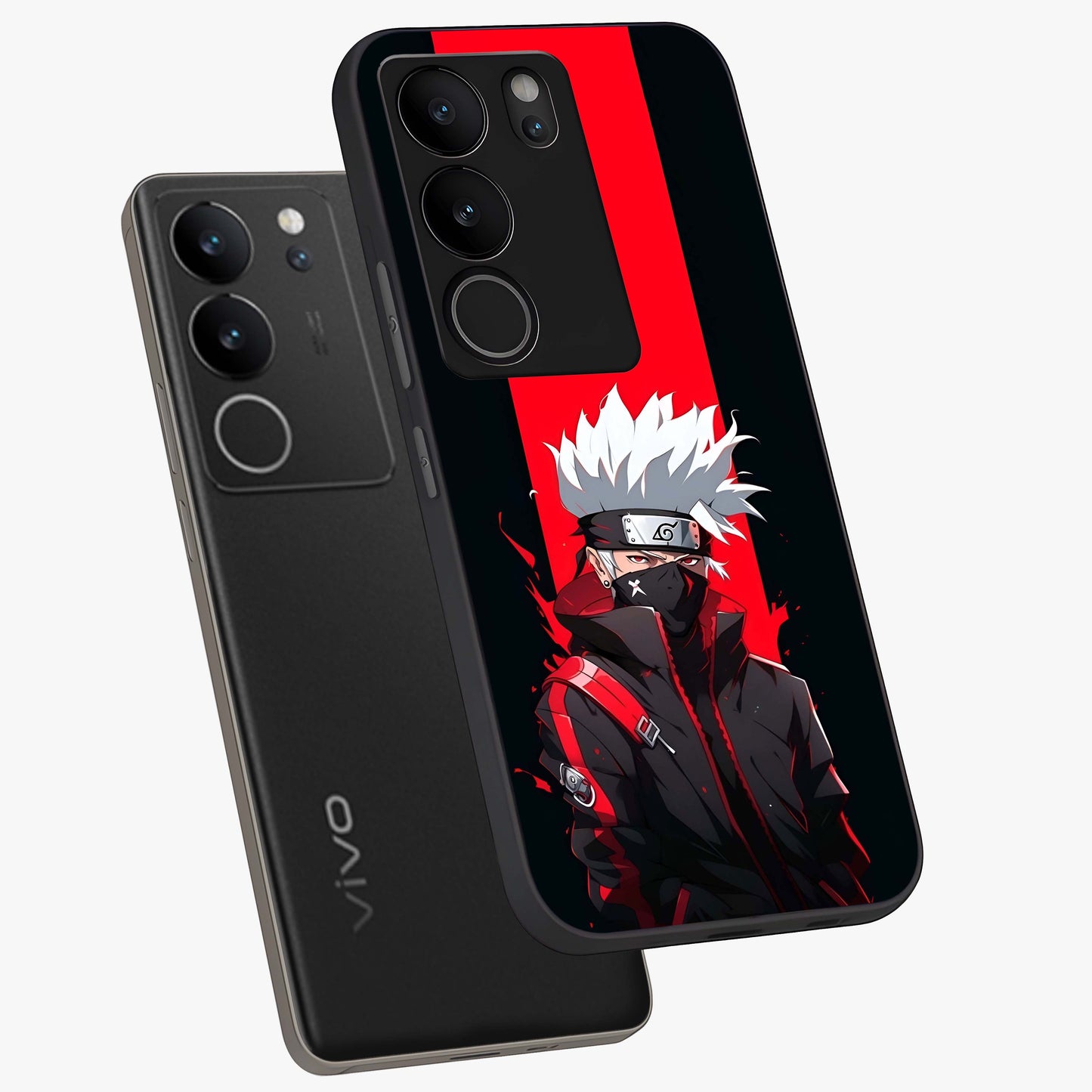 Kakashi Scarlet Shadow Glass Case displayed in angled mockup highlighting dramatic ninja illustration with scarlet themed aesthetic.