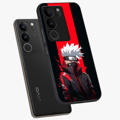 Kakashi Scarlet Shadow Glass Case displayed in angled mockup highlighting dramatic ninja illustration with scarlet themed aesthetic.