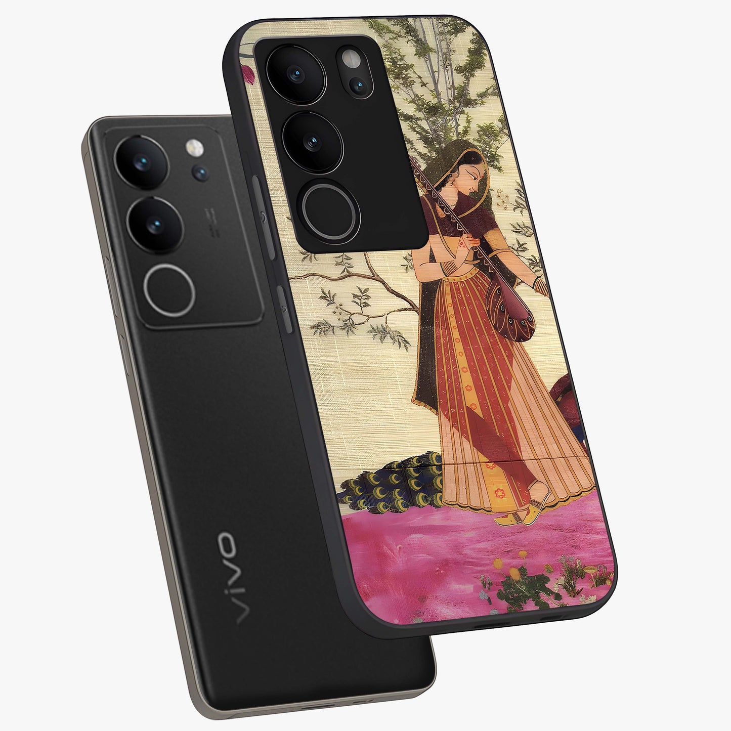Lady With Veena Art Glass Case displayed in angled mockup highlighting graceful musical illustration with cultural artistic aesthetic.