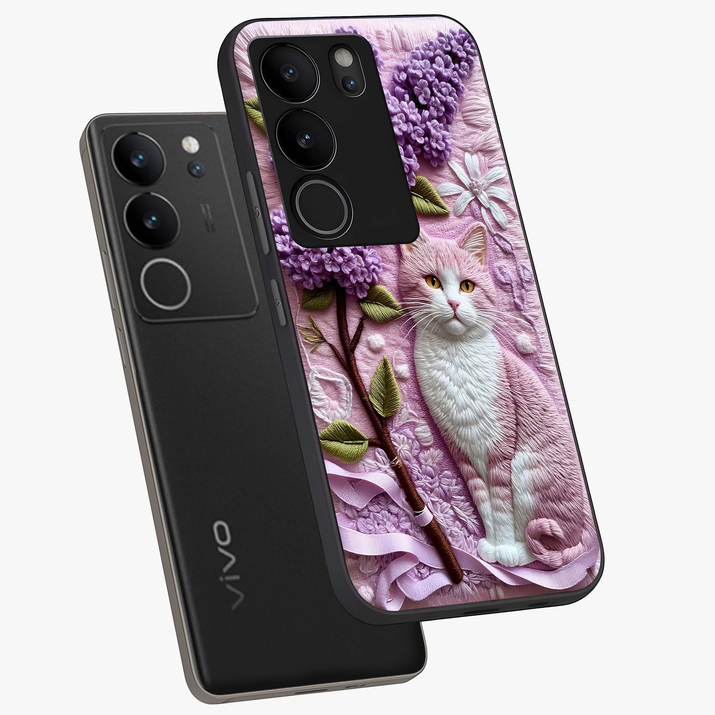 Lavender Cat Whimsy Glass Case displayed in angled mockup highlighting playful feline illustration with pastel lavender aesthetic.