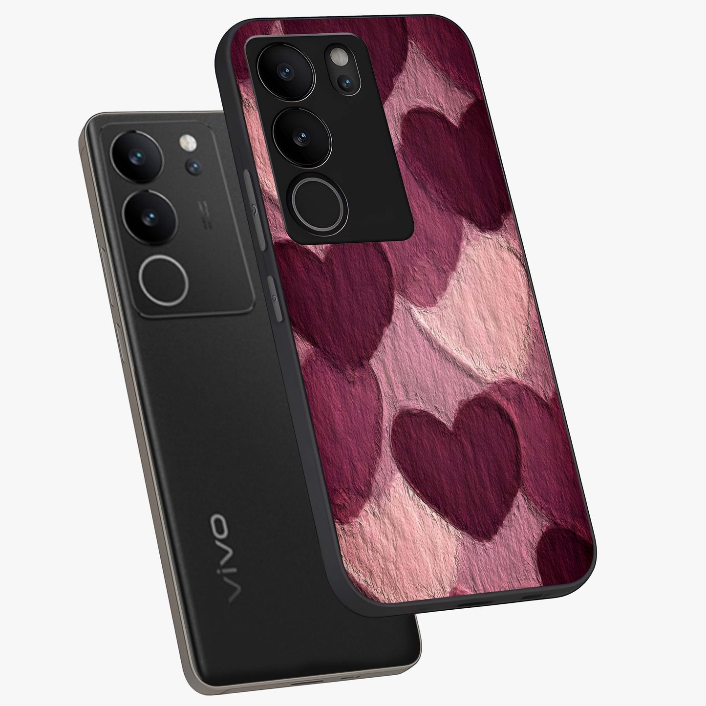 Layered Paper Hearts Glass Case displayed in angled mockup highlighting creative paper craft heart design with romantic aesthetic.