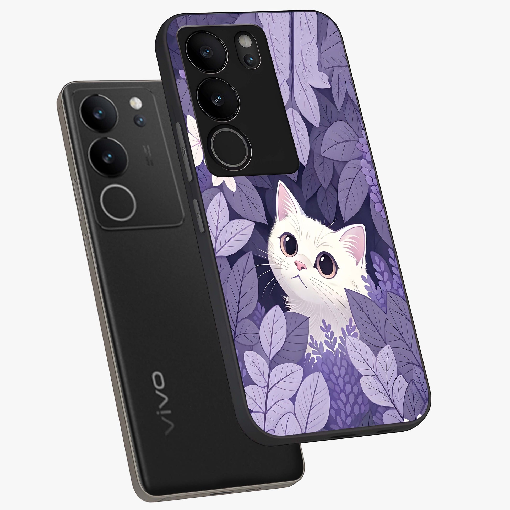 Lilac Hide Peek Cat Glass Case displayed in angled mockup highlighting playful feline illustration with lilac aesthetic design.
