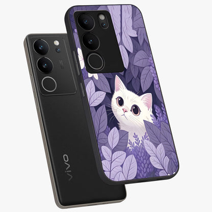 Lilac Hide Peek Cat Glass Case displayed in angled mockup highlighting playful feline illustration with lilac aesthetic design.