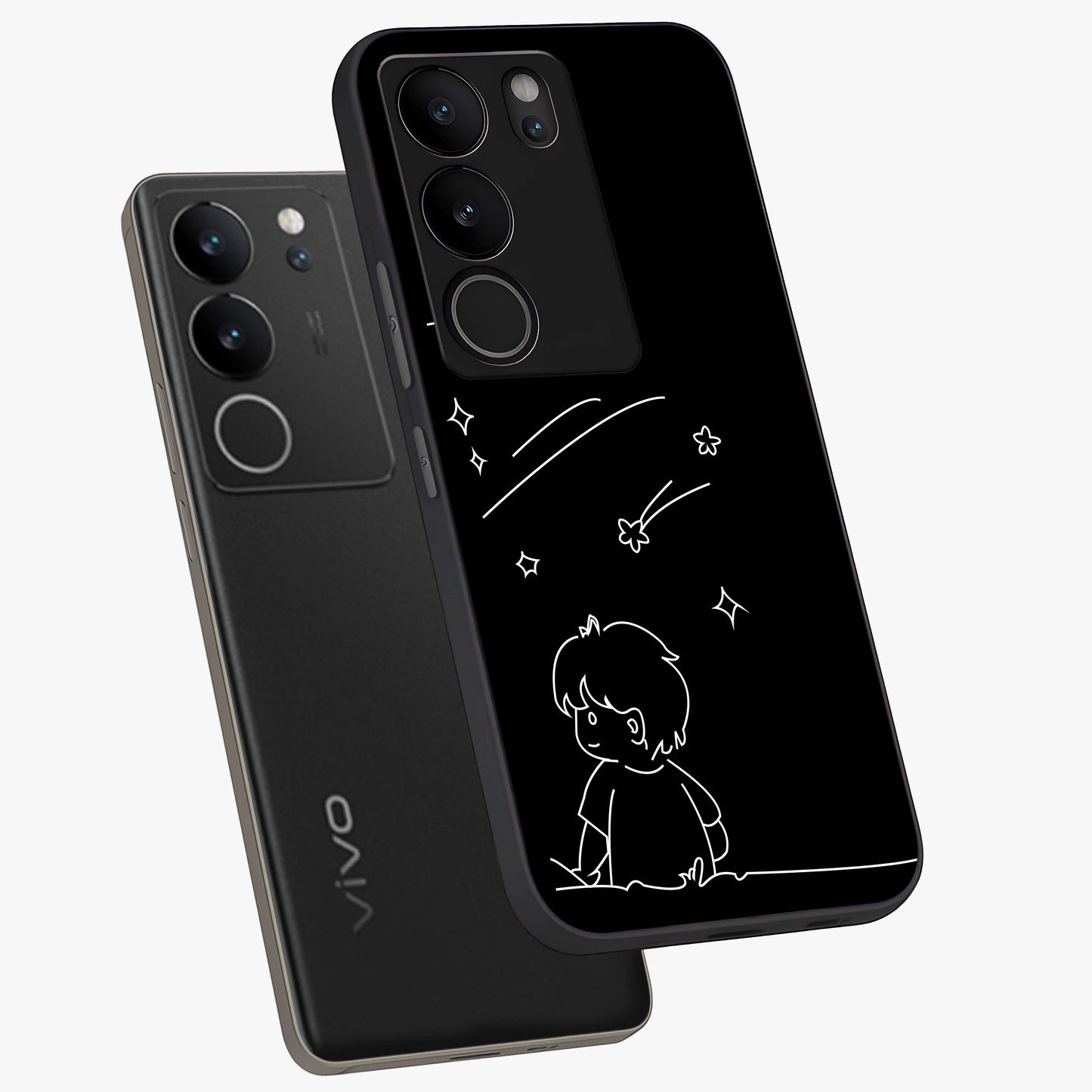 Line Art Boy With Shooting Stars Glass Case displayed in angled mockup highlighting elegant line art design with dreamy star aesthetic.