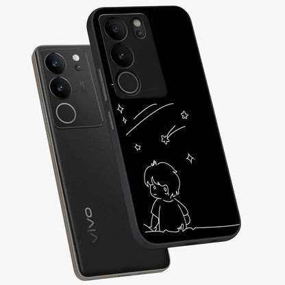 Line Art Boy With Shooting Stars Glass Case displayed in angled mockup highlighting elegant line art design with dreamy star aesthetic.