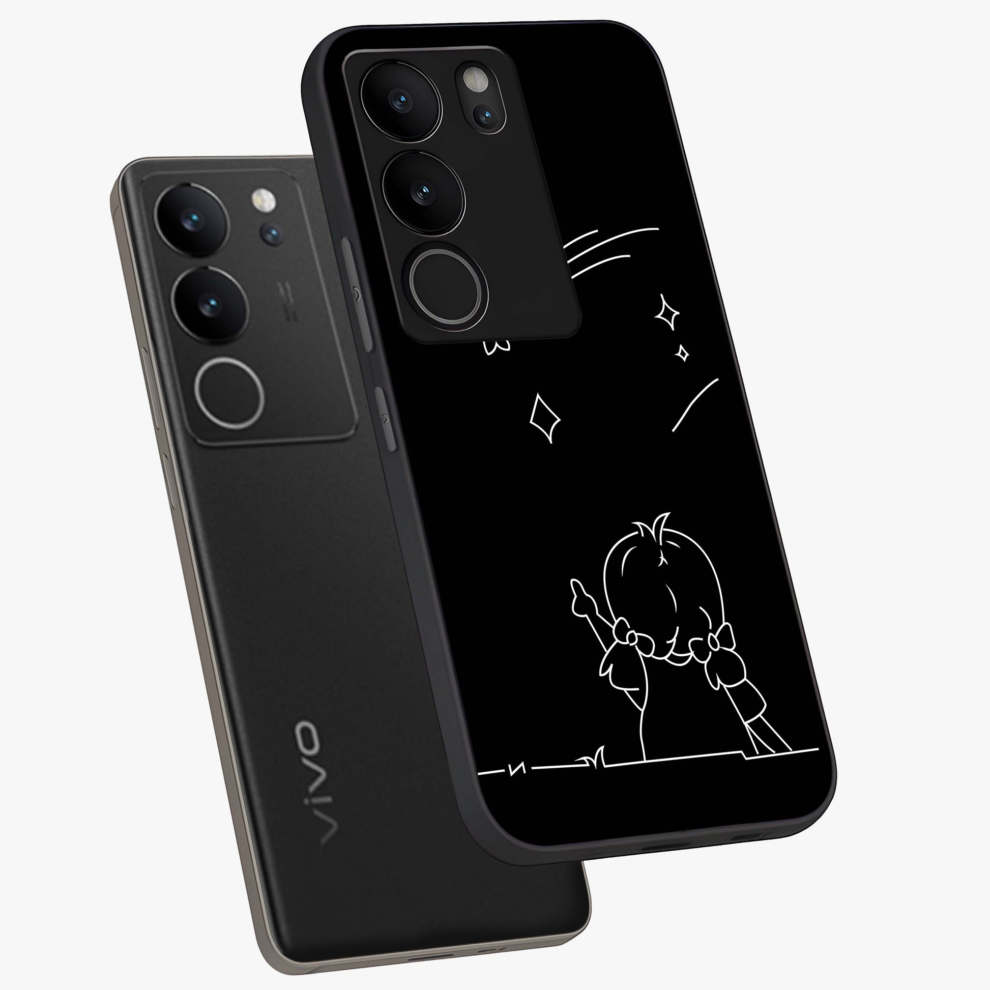 Line Art Girl With Shooting Stars Glass Case displayed in angled mockup highlighting elegant line art design with dreamy star aesthetic.
