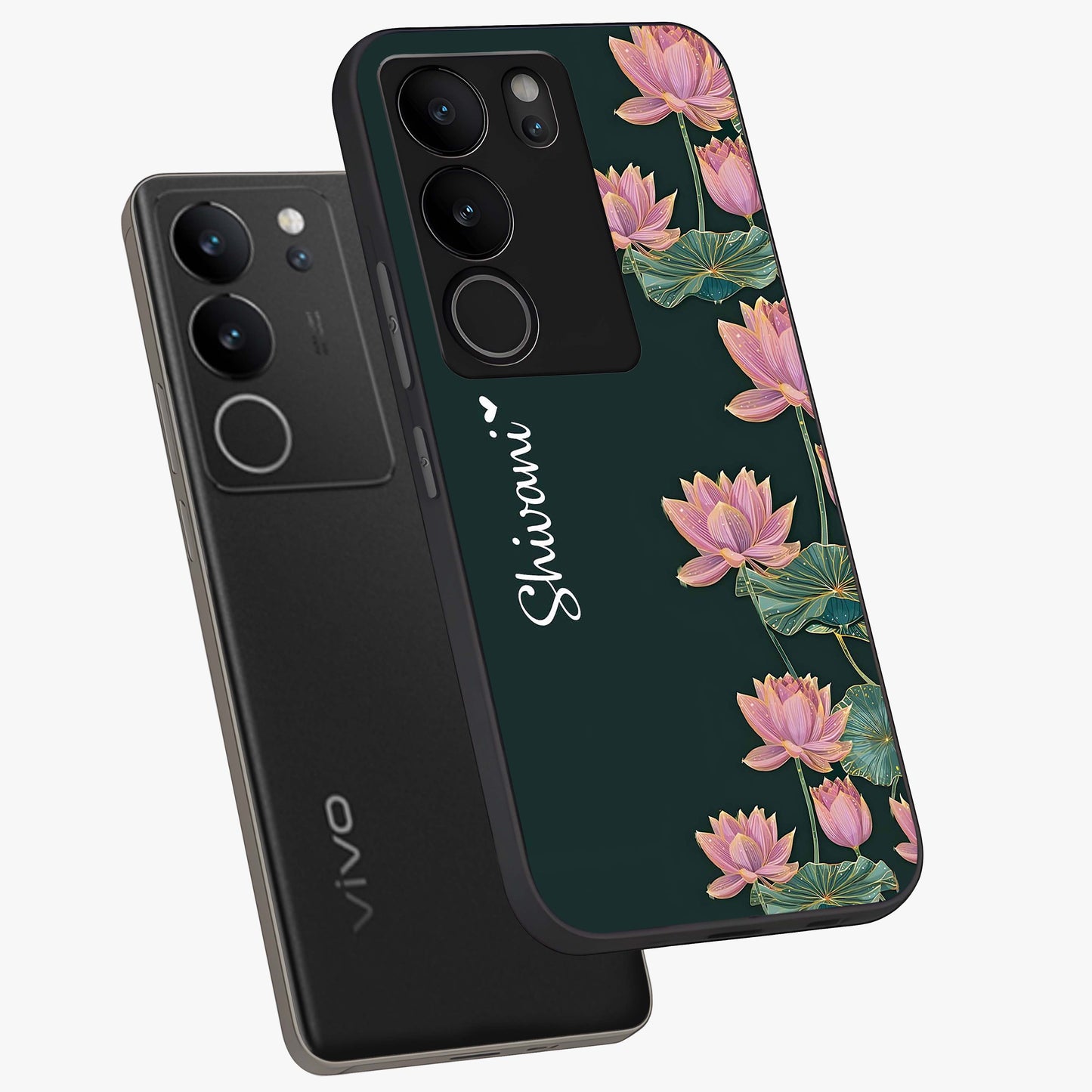Lotus Bloom Serenity Custom Name Glass Case displayed in angled mockup highlighting graceful lotus illustration with custom name feature.