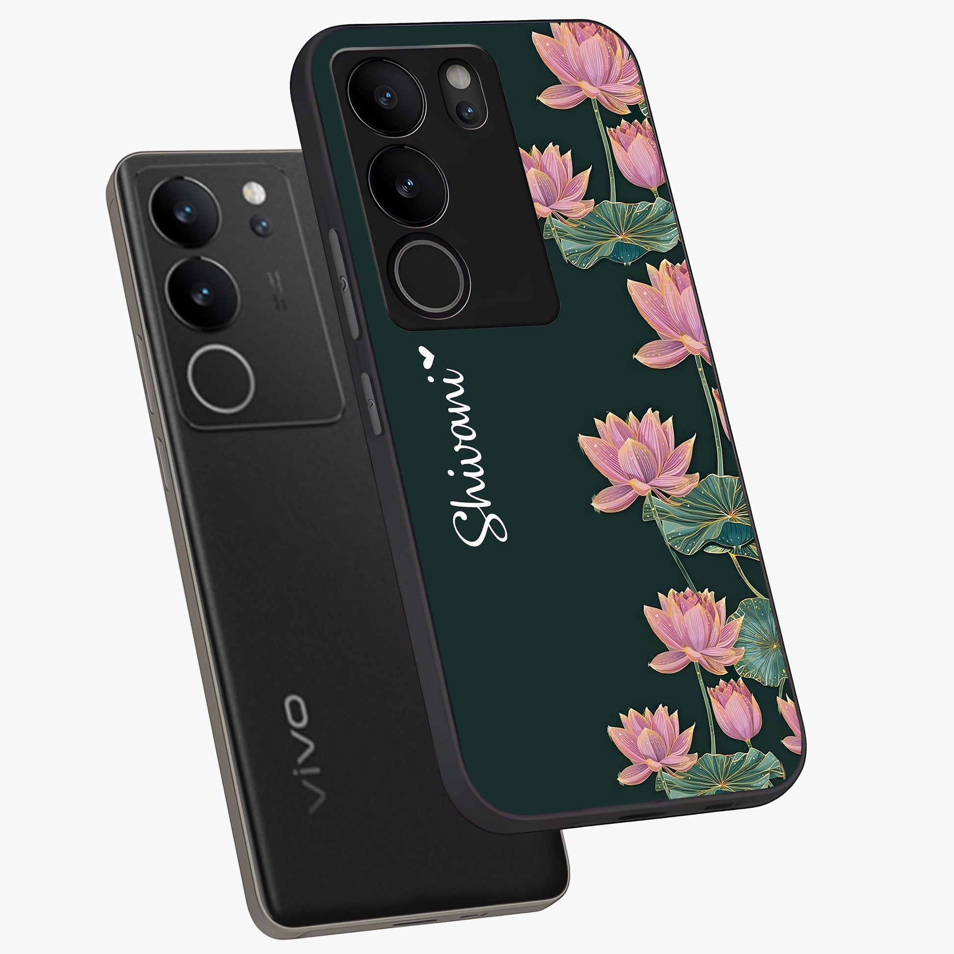 Lotus Bloom Serenity Custom Name Glass Case displayed in angled mockup highlighting graceful lotus illustration with custom name feature.
