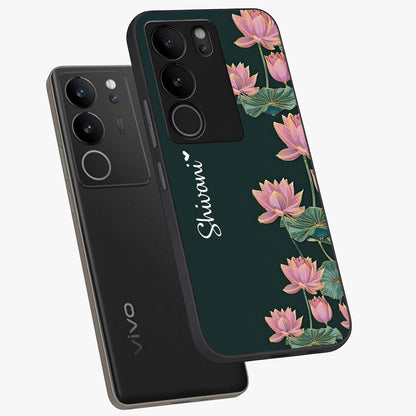 Lotus Bloom Serenity Custom Name Glass Case displayed in angled mockup highlighting graceful lotus illustration with custom name feature.