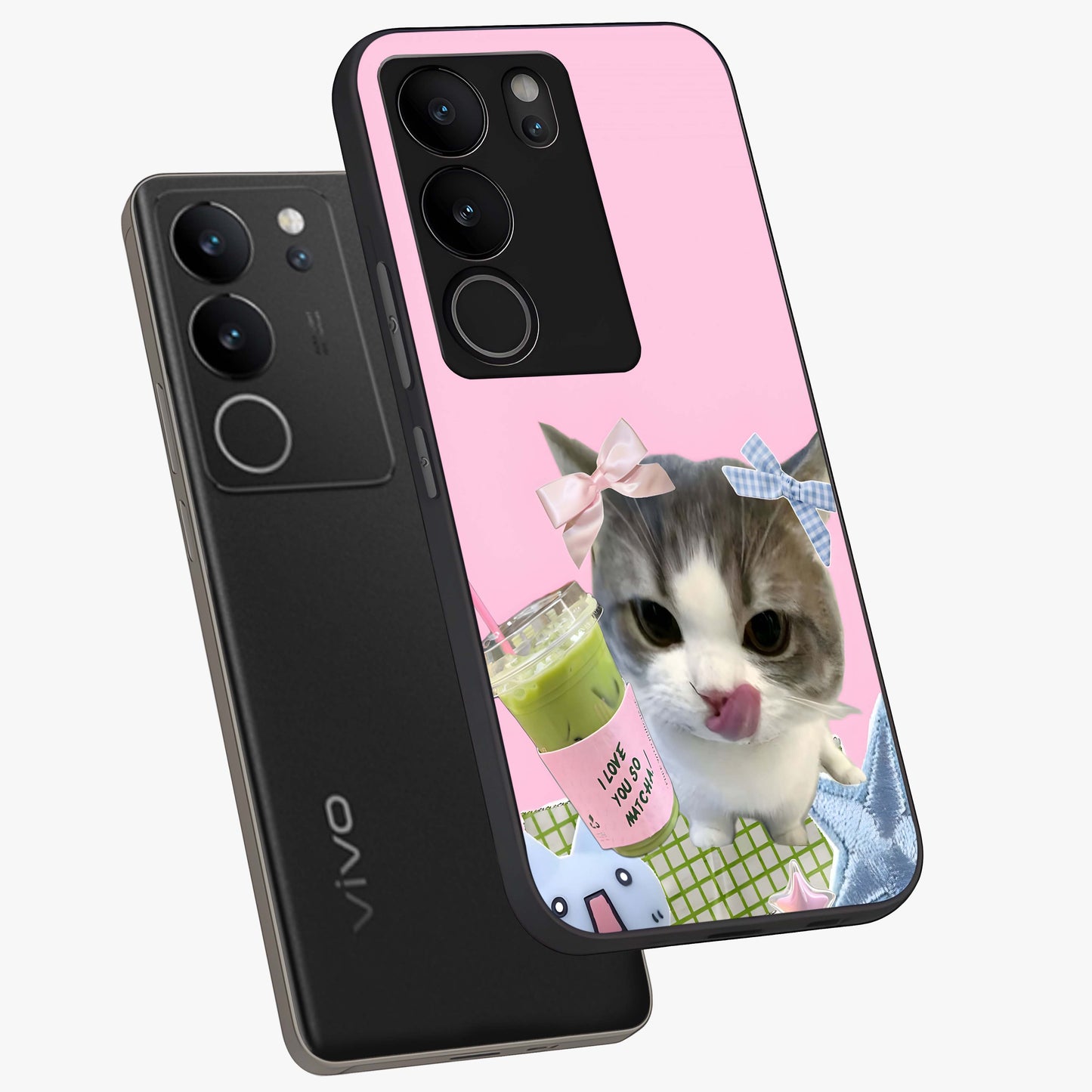 Love Matcha Cat Glass Case displayed in angled mockup highlighting playful feline illustration with cozy matcha aesthetic.