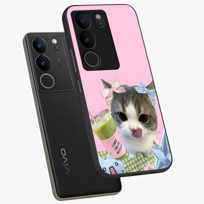 Love Matcha Cat Glass Case displayed in angled mockup highlighting playful feline illustration with cozy matcha aesthetic.