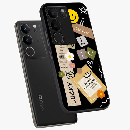 Lucky Aesthetic Collage Glass Case displayed in angled mockup highlighting stylish collage pattern with modern aesthetic vibe.