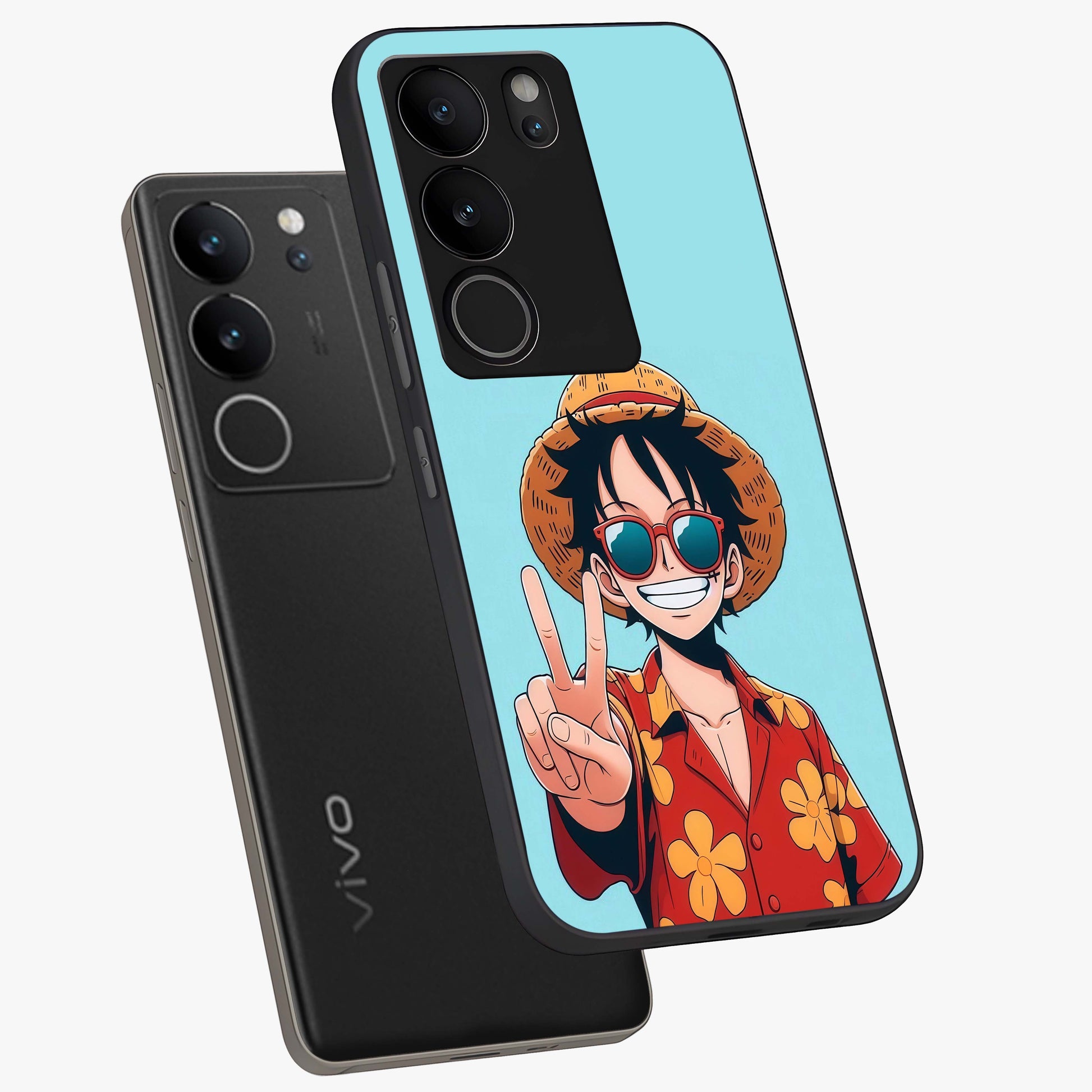 Luffy Summer Anime Vibe Glass Case displayed in angled mockup highlighting energetic anime illustration with summer vibe aesthetic.