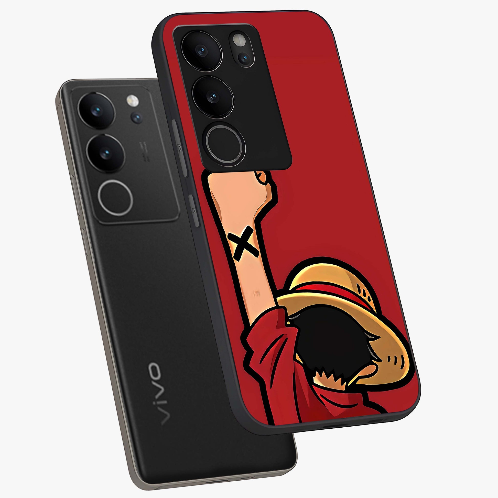 Luffy X Spirit Glass Case displayed in angled mockup highlighting powerful anime design with energetic action aesthetic.