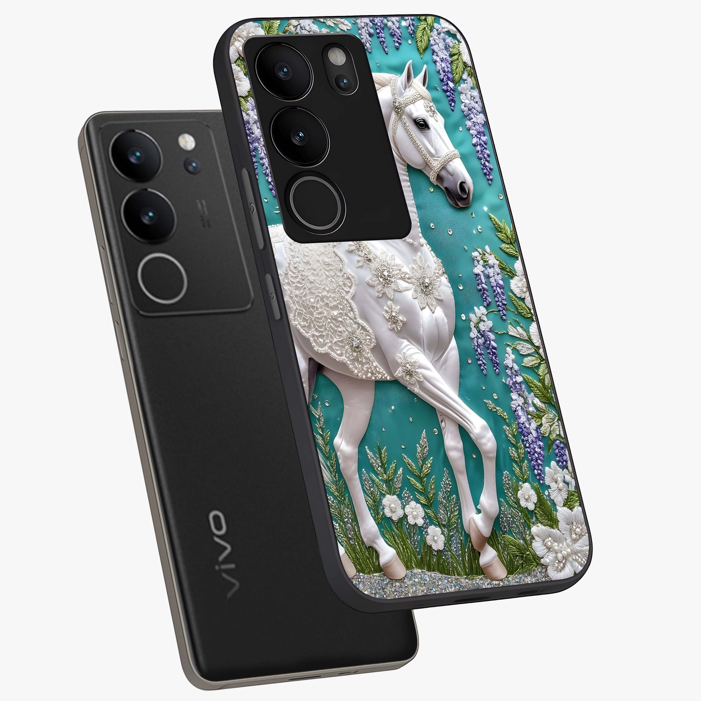 Majestic Floral Stallion Glass Case displayed in angled mockup highlighting majestic stallion illustration with elegant floral aesthetic.