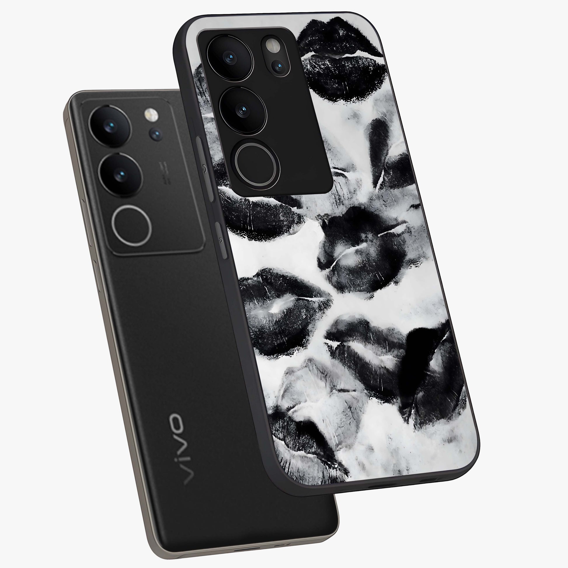 Midnight Kiss Marks Glass Case displayed in angled mockup highlighting playful romantic design with bold midnight aesthetic.