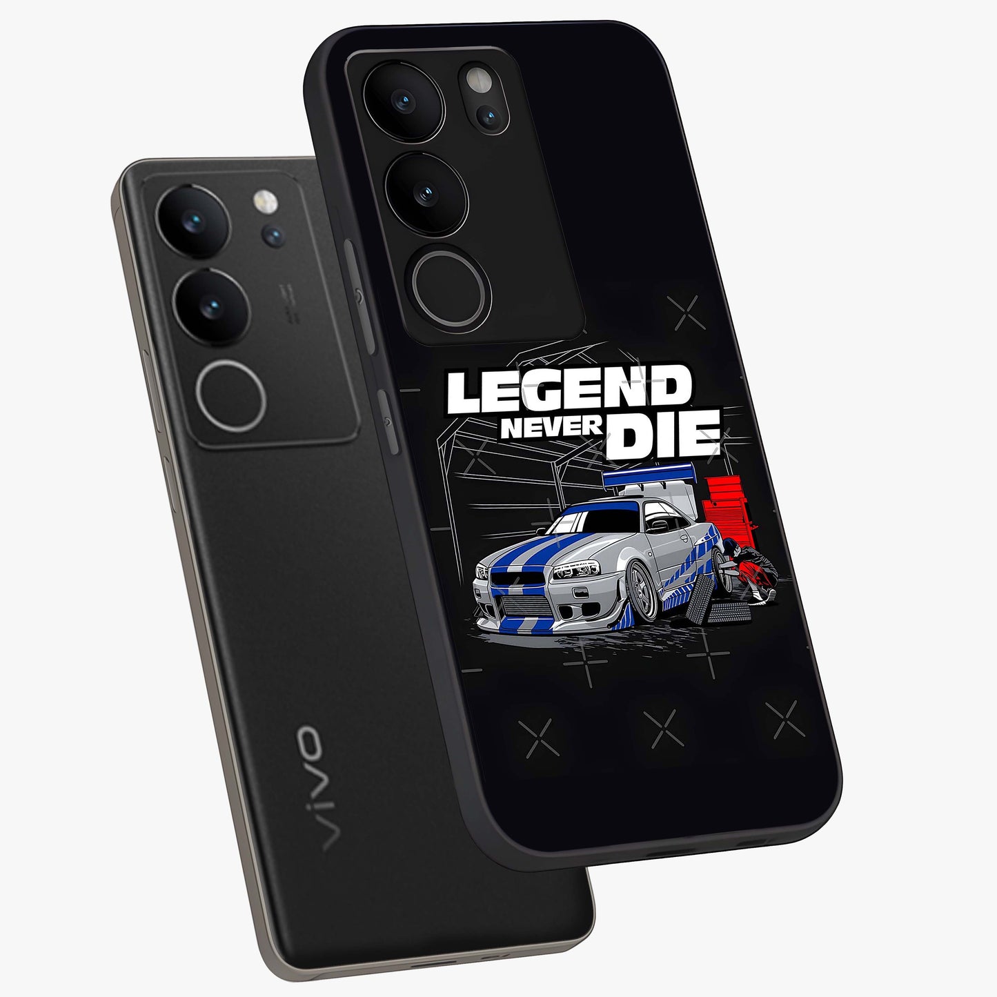Midnight Racing Legacy Glass Case displayed in angled mockup highlighting dynamic automotive design with bold midnight aesthetic.