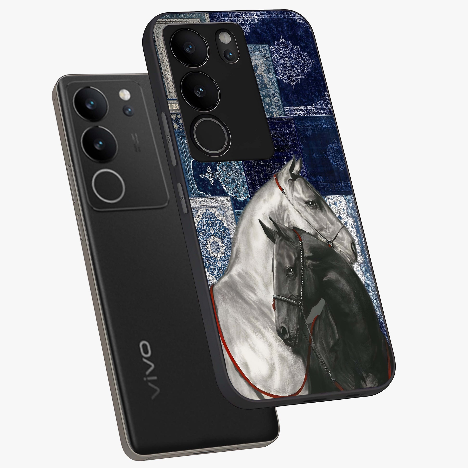Midnight Stallion Blues Glass Case displayed in angled mockup highlighting powerful stallion illustration with deep midnight tones.