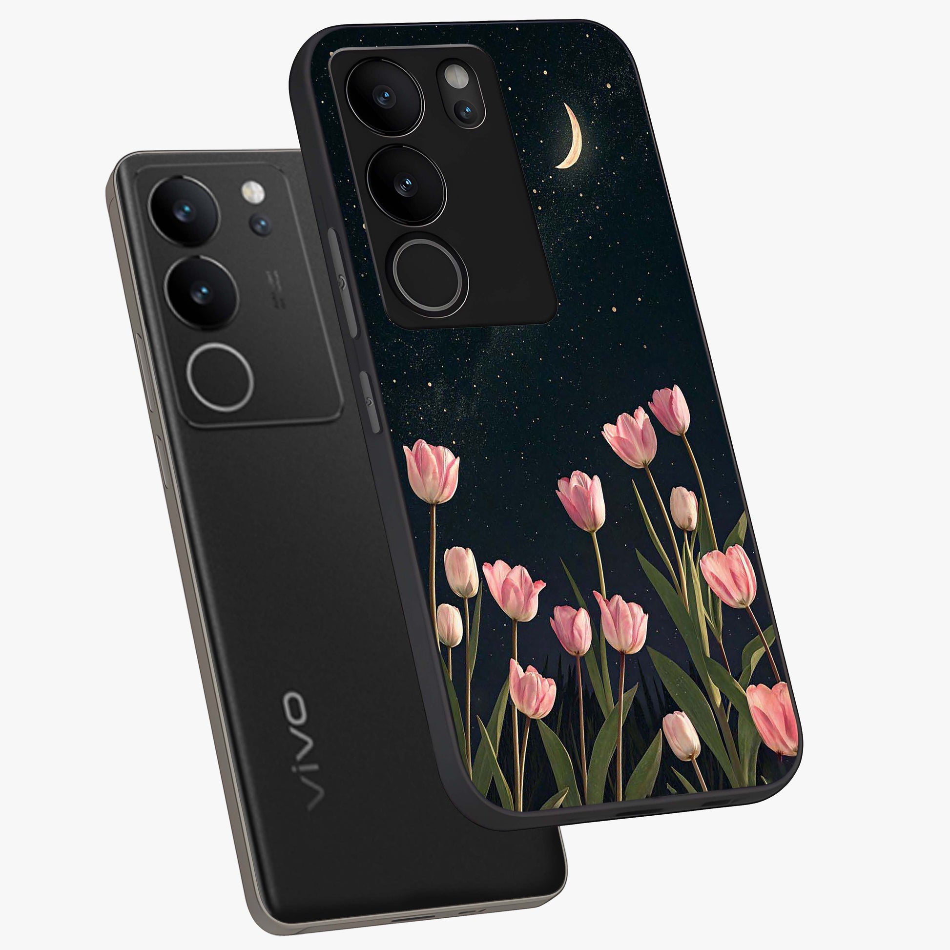 Midnight Tulip Whispers Vibe Glass Case displayed in angled mockup highlighting delicate tulip design with midnight floral aesthetic.