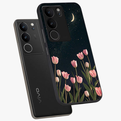 Midnight Tulip Whispers Vibe Glass Case displayed in angled mockup highlighting delicate tulip design with midnight floral aesthetic.