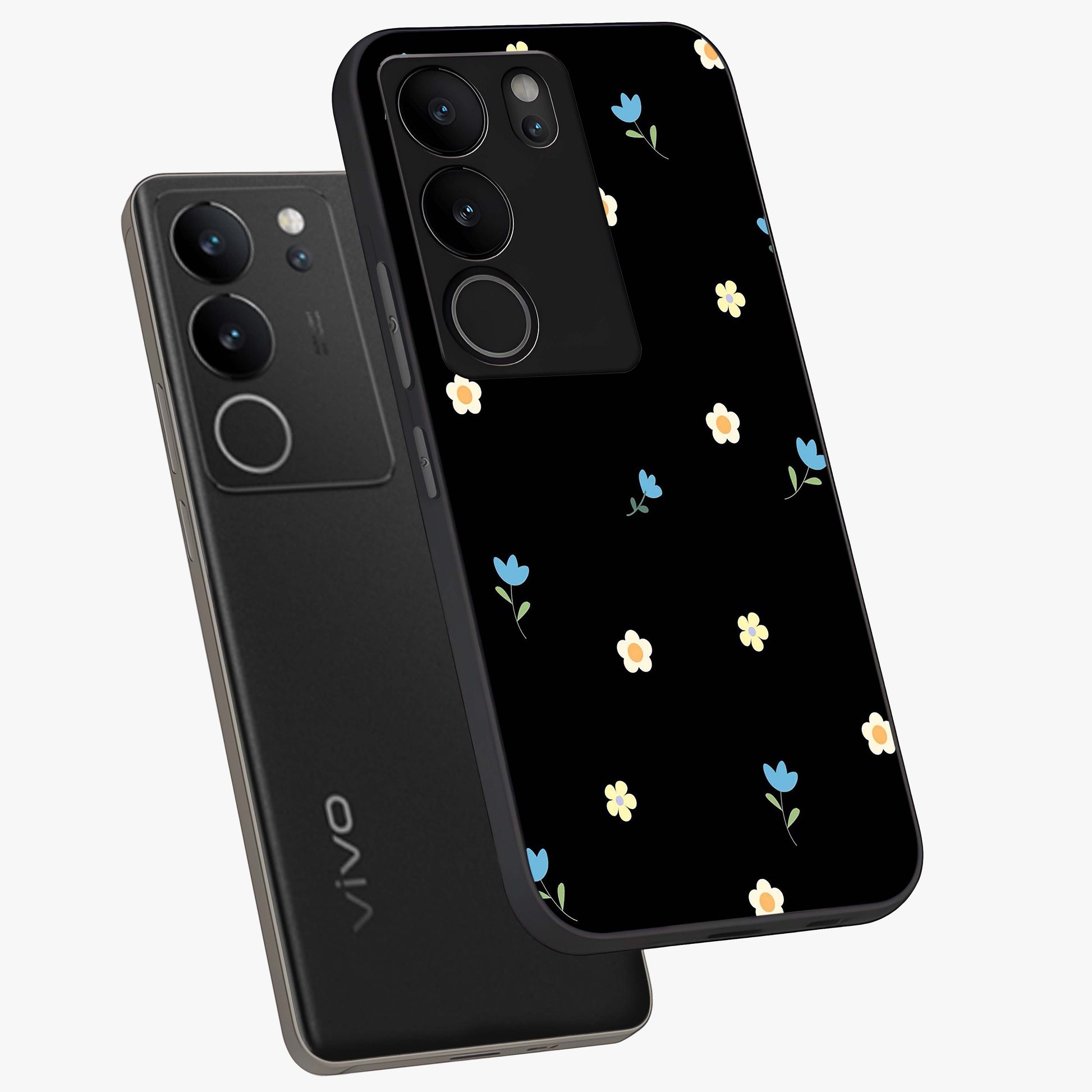 Minimal Petal Whispers Glass Case displayed in angled mockup highlighting delicate petal design with clean minimal aesthetic.