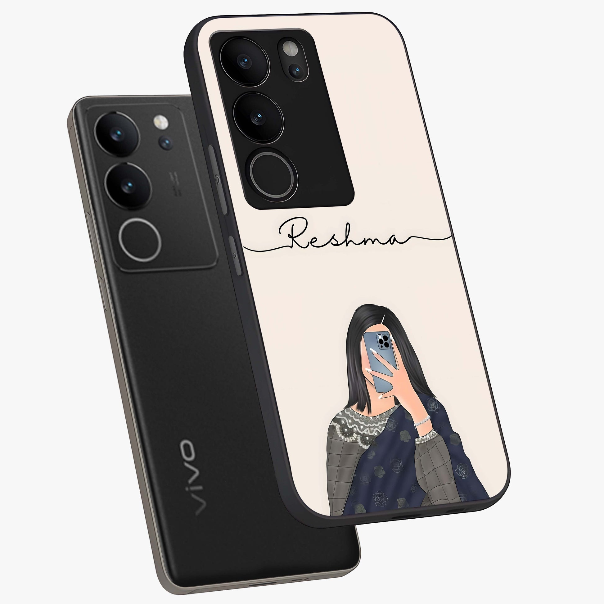 Mirror Mood Muse With Custom Name Glass Case displayed in angled mockup highlighting aesthetic mirror inspired design with custom name feature.