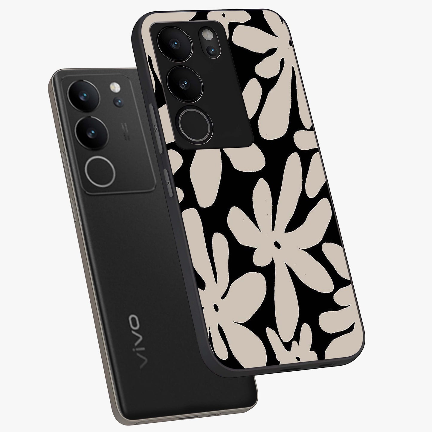 Monochrome Petal Dance Glass Case displayed in angled mockup highlighting elegant petal design with black and white aesthetic.