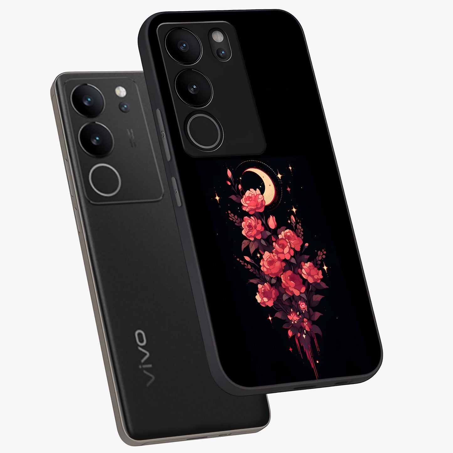 Moonlit Floral Elegance Glass Case displayed in angled mockup highlighting graceful flower design with soft moonlight aesthetic.