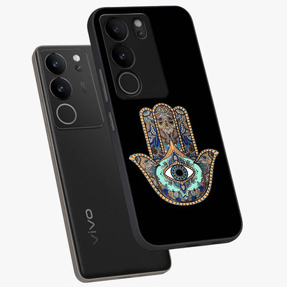 Mystic Hamsa Eye Glass Case displayed in angled mockup highlighting spiritual hamsa symbol with mystical aesthetic style.