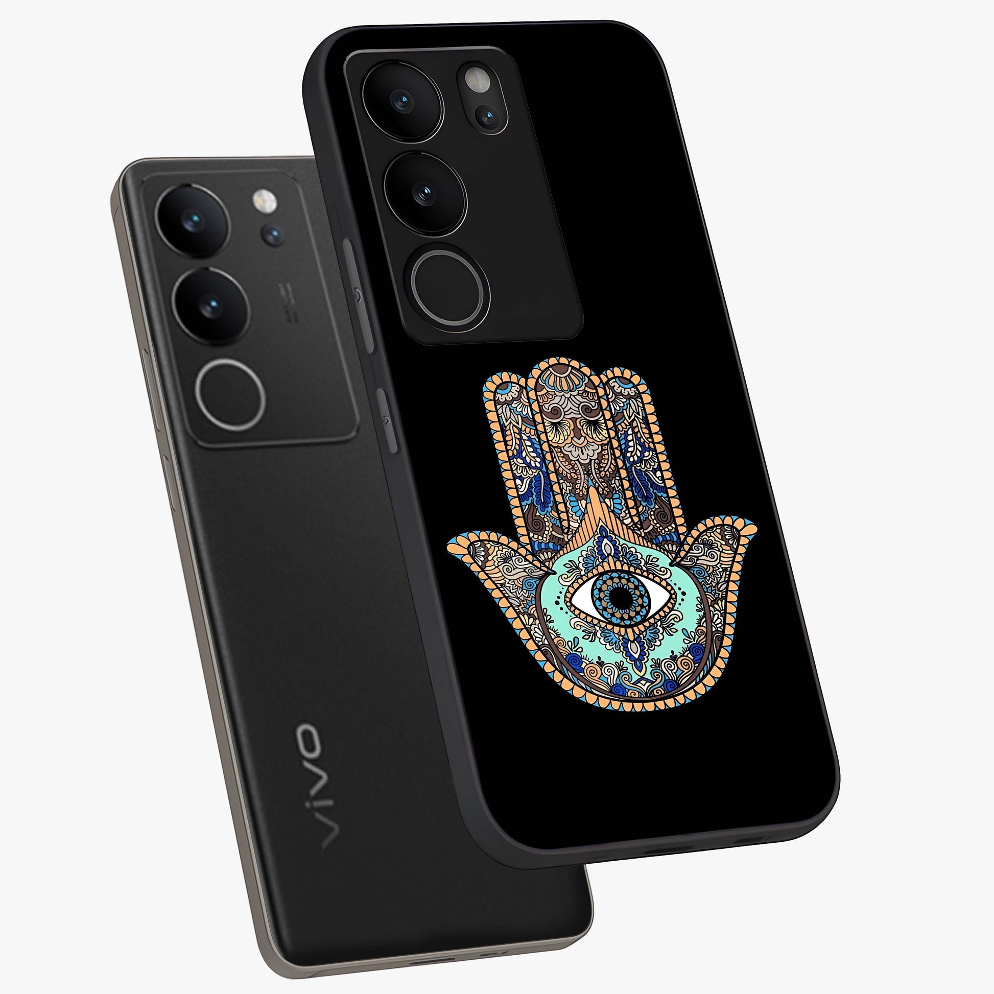 Mystic Hamsa Eye Glass Case displayed in angled mockup highlighting spiritual hamsa symbol with mystical aesthetic style.
