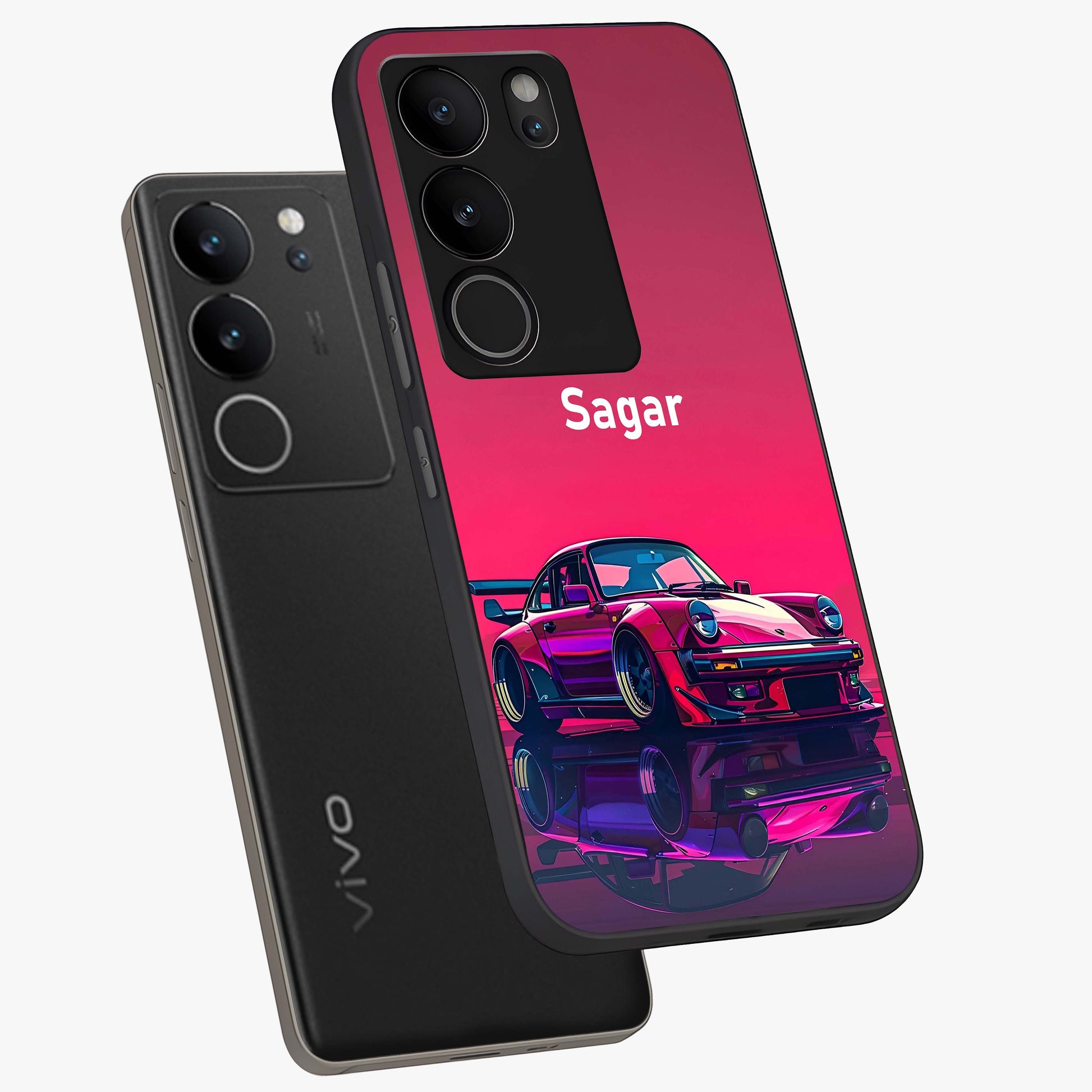Neon Pink Porsche Glass Case displayed in angled mockup highlighting sleek neon pink car design with racing aesthetic.
